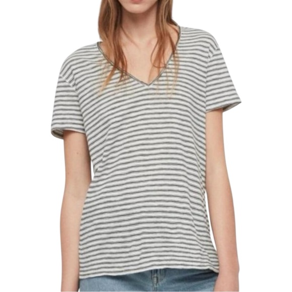 All Saints Emelyn Stripe T White & Black V Neck Cotton Relaxed Tee Shirt Large - Picture 2 of 10